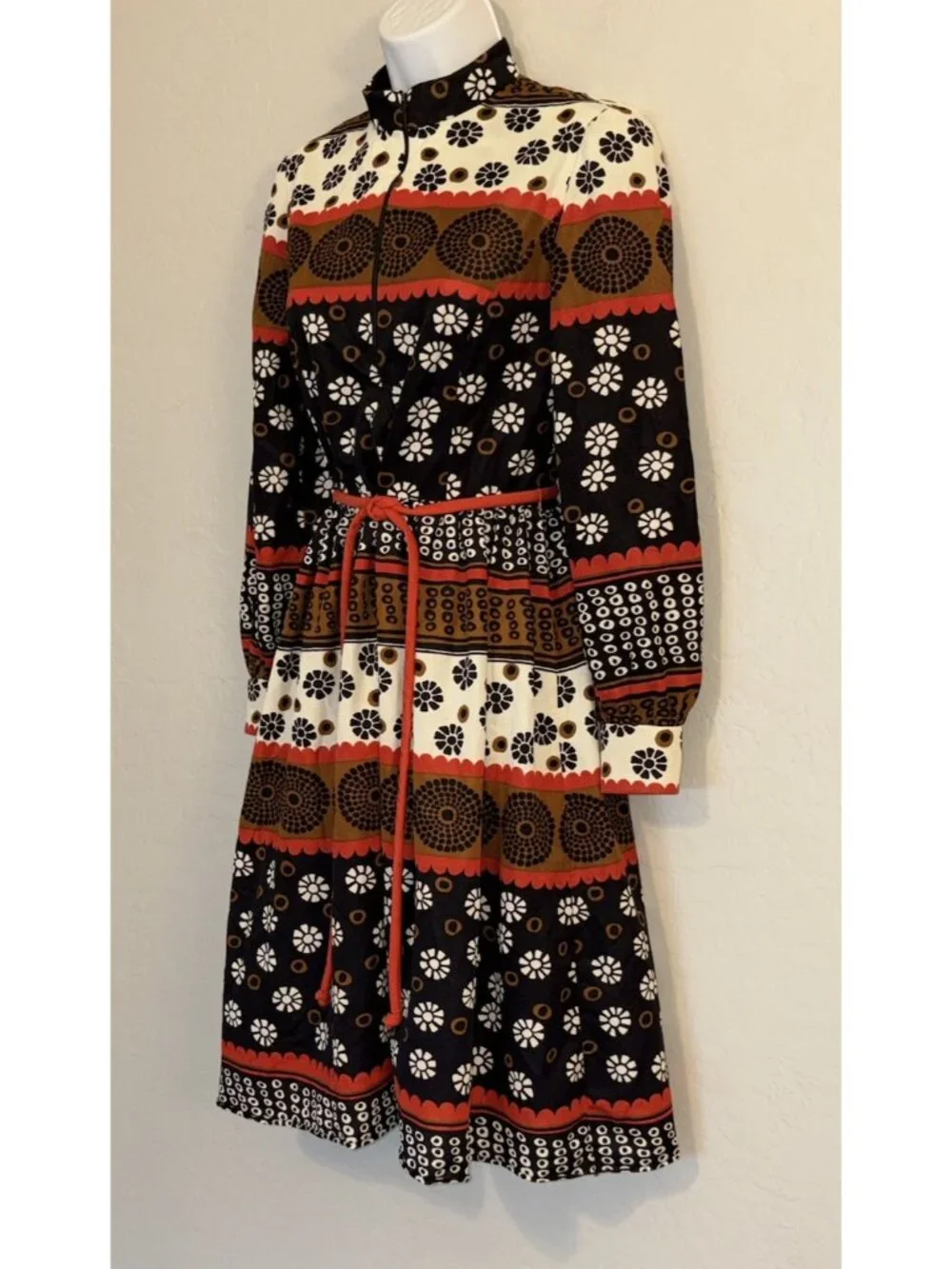 Fred Rothschild 1960’s Vintage red & brown striped Mod hippie boho Midi Dress XS
